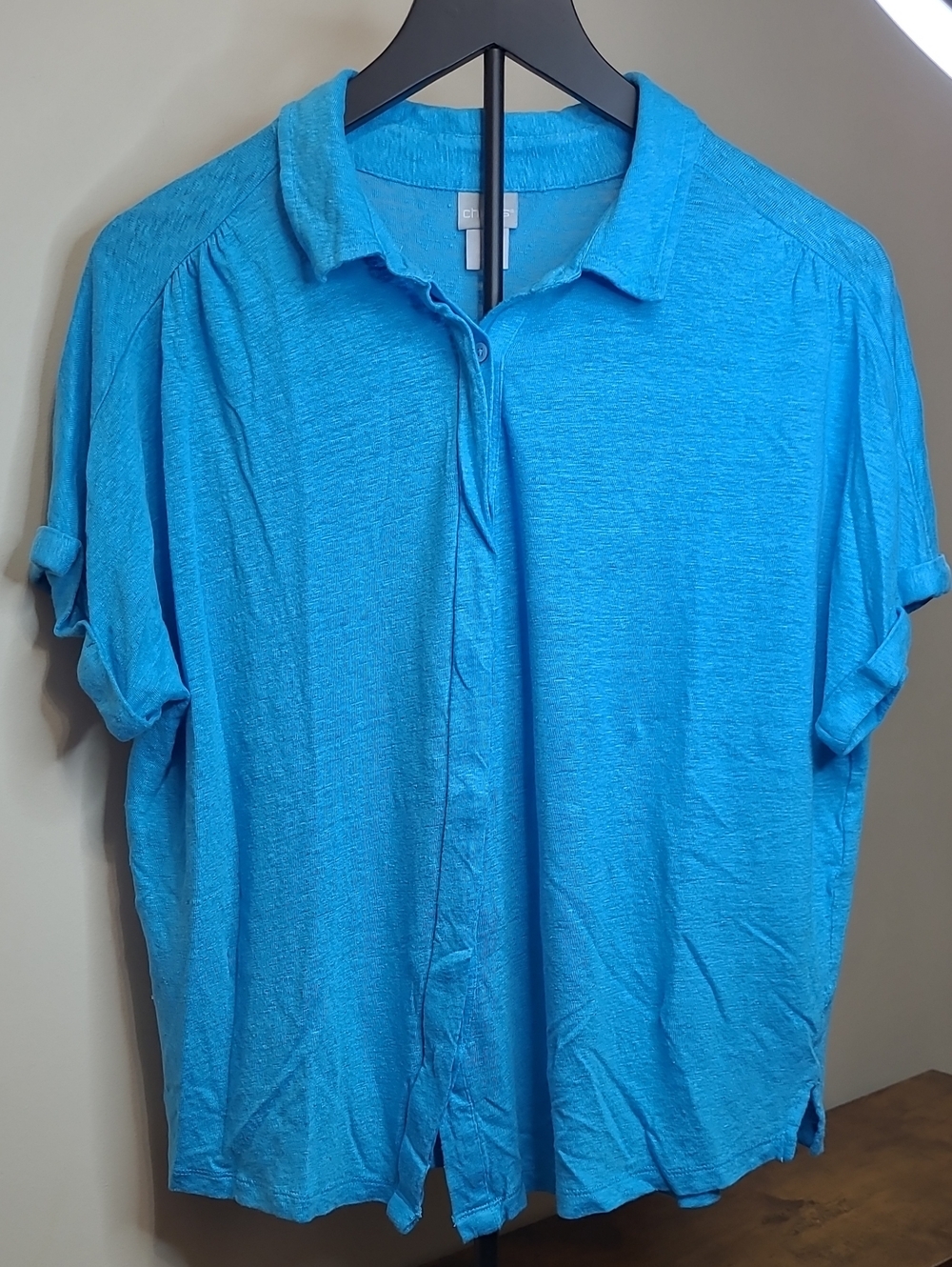 Chico's Turquoise 100% Linen Button-Front Blouse size 2 (Large)